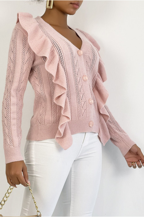 Gilet duveteux rose très chic avec volant - 3