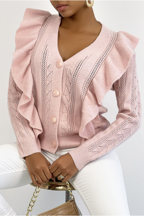 Gilet duveteux rose très chic avec volant - 5