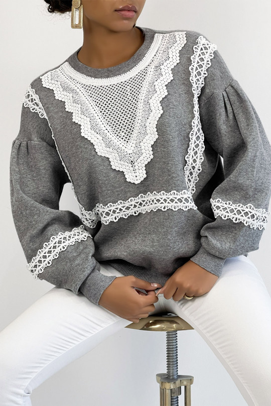 Gray oversized sweater puffed sleeve with lace pattern - 2