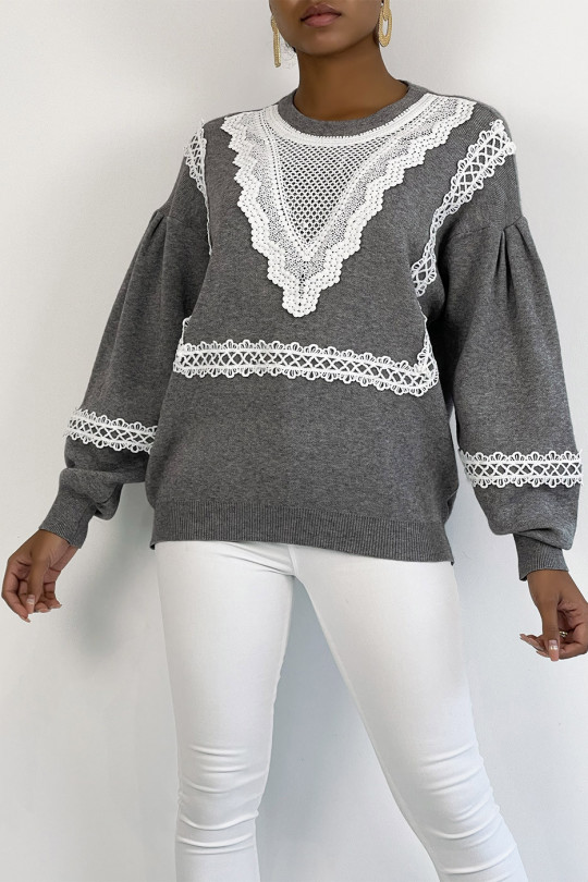 Gray oversized sweater puffed sleeve with lace pattern - 4