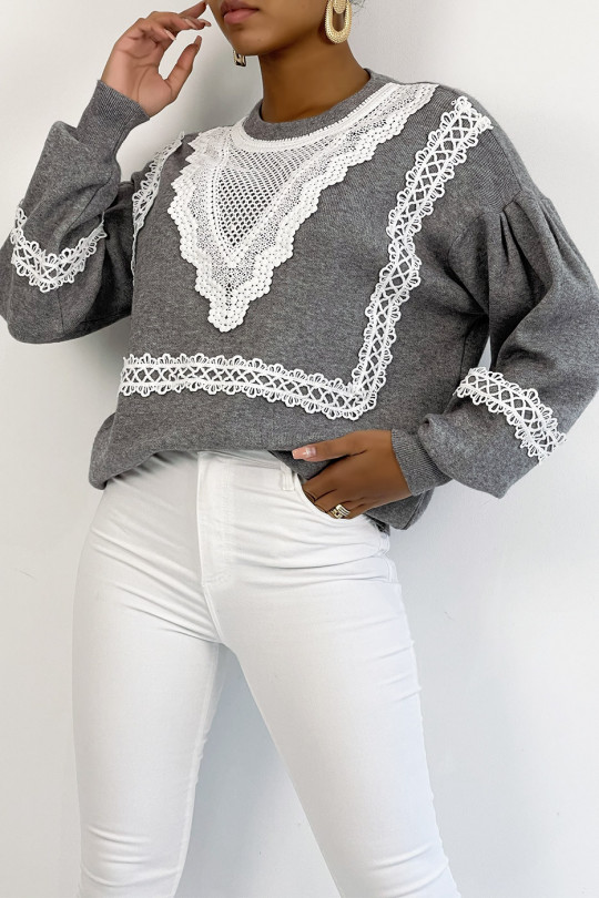 Gray oversized sweater puffed sleeve with lace pattern - 5