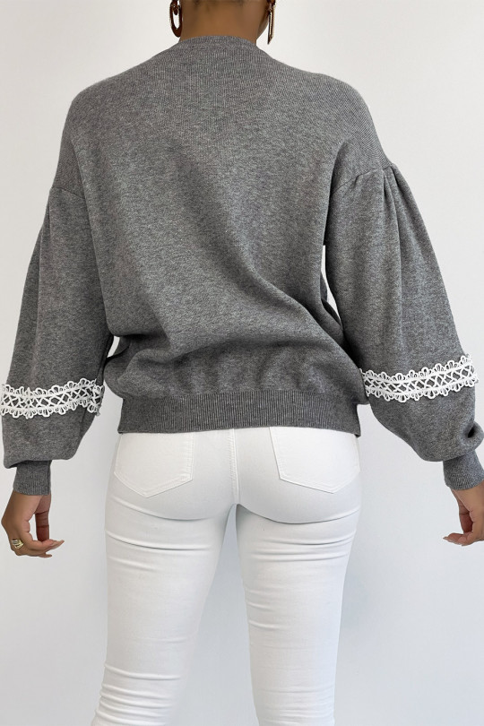 Gray oversized sweater puffed sleeve with lace pattern - 6