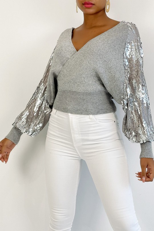 Gray wrap sweater with sequin puff sleeve - 1