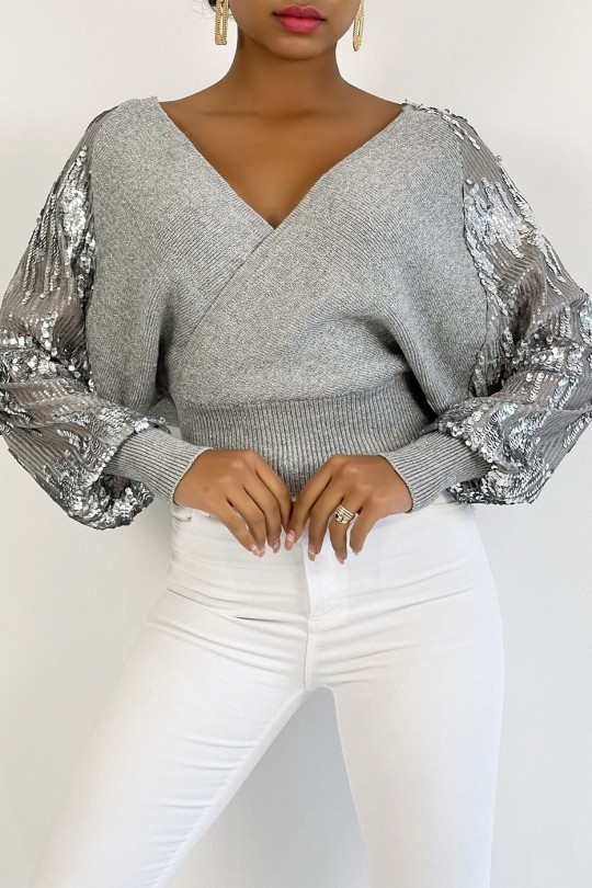 Gray wrap sweater with sequin puff sleeve - 2