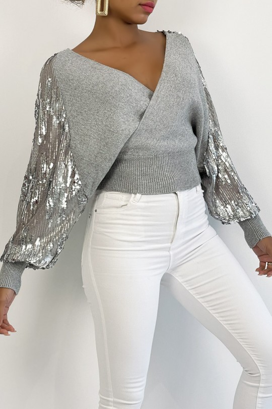 Gray wrap sweater with sequin puff sleeve - 3