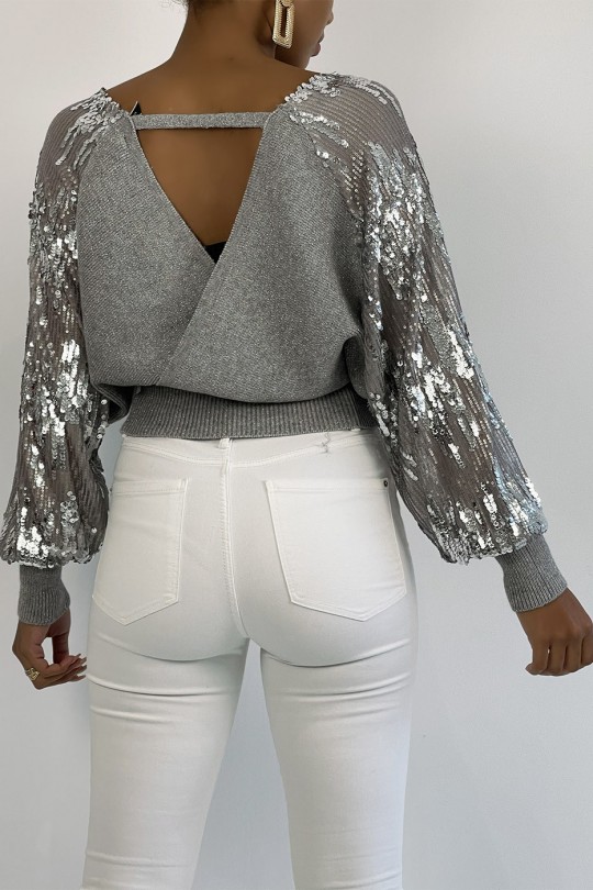 Gray wrap sweater with sequin puff sleeve - 4