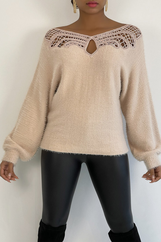 Soft pink sweater with dropped shoulders and openwork details at the collar - 1
