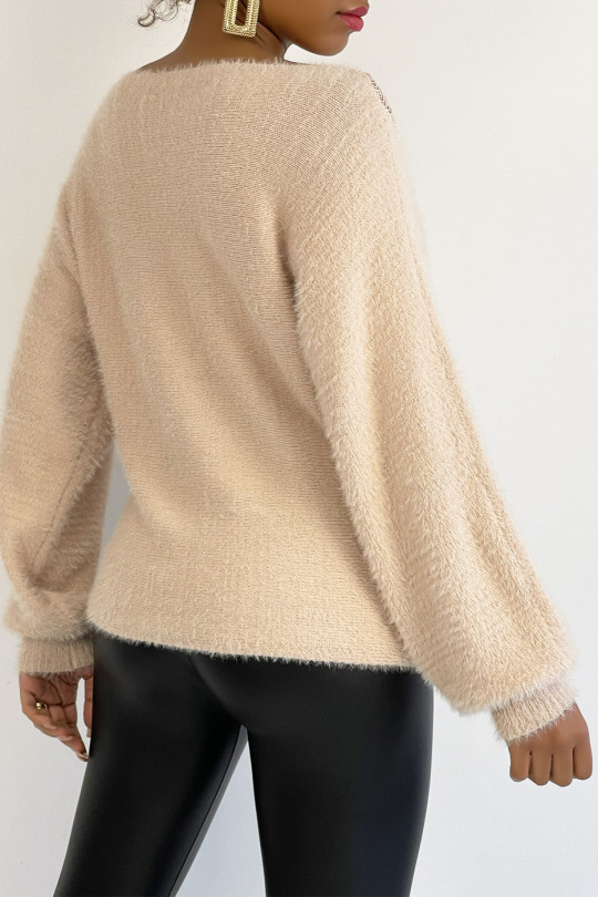 Soft pink sweater with dropped shoulders and openwork details at the collar - 4