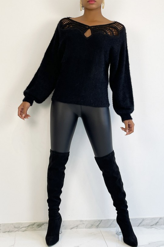 Very soft black sweater with dropped shoulders and openwork details at the collar - 1