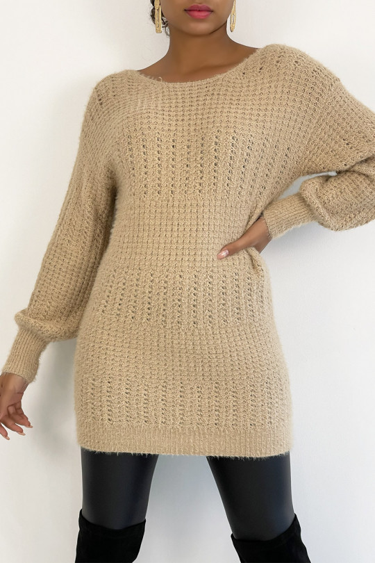 Camel halterneck sweater in chunky knit with puffed sleeves - 1