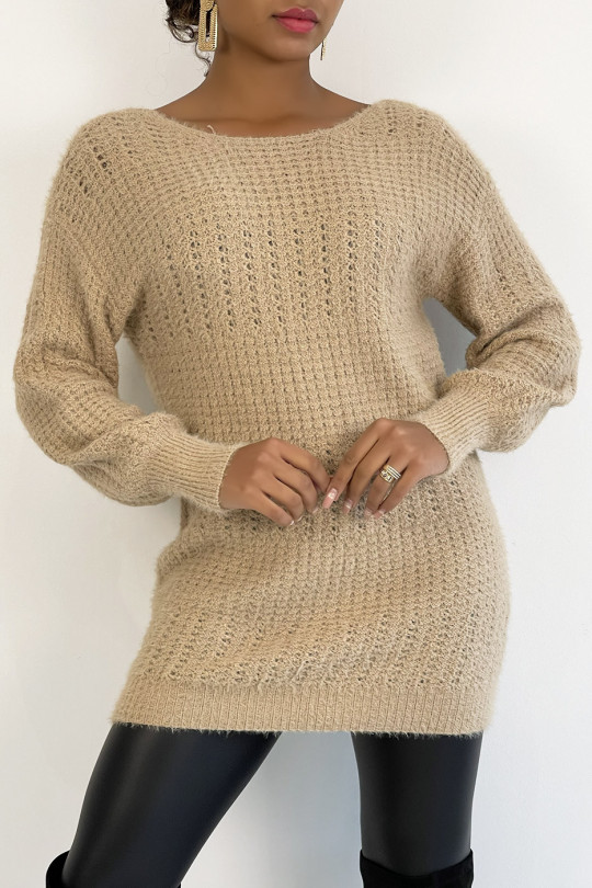 Camel halterneck sweater in chunky knit with puffed sleeves - 2