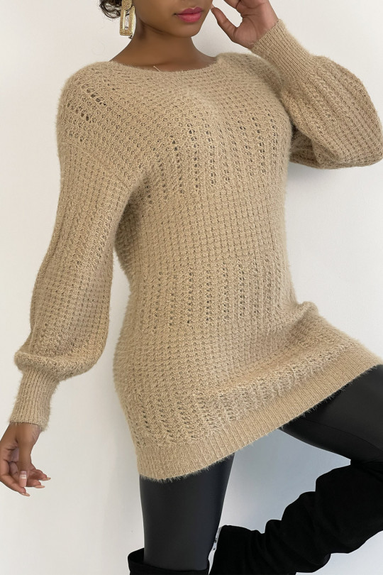 Camel halterneck sweater in chunky knit with puffed sleeves - 3