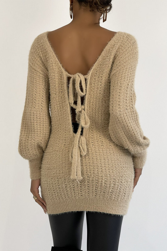 Camel halterneck sweater in chunky knit with puffed sleeves - 5