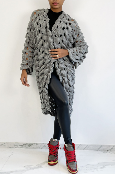 CaCCigan gris en grosse maille ajouré très original - 4