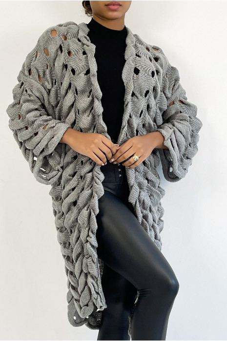 CaCCigan gris en grosse maille ajouré très original - 6