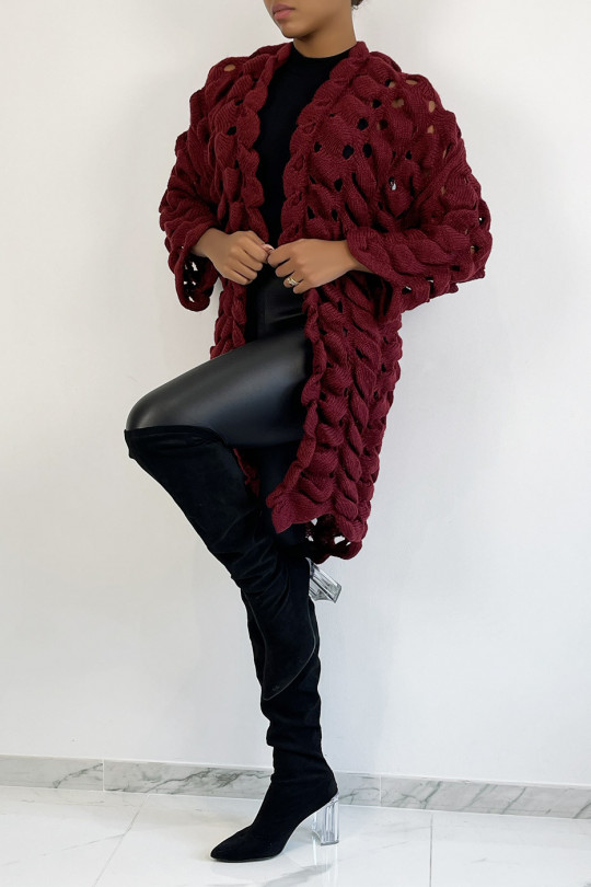 Very original burgundy red cardigan in large openwork knit - 1