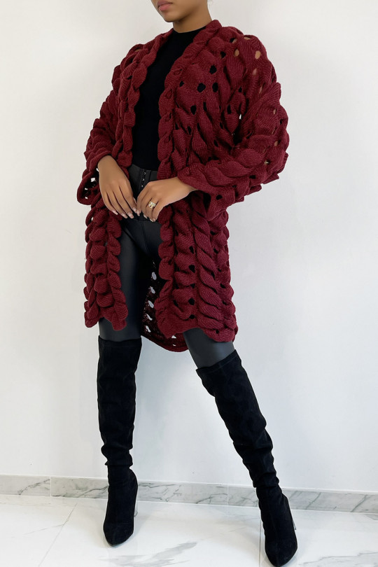 Very original burgundy red cardigan in large openwork knit - 2