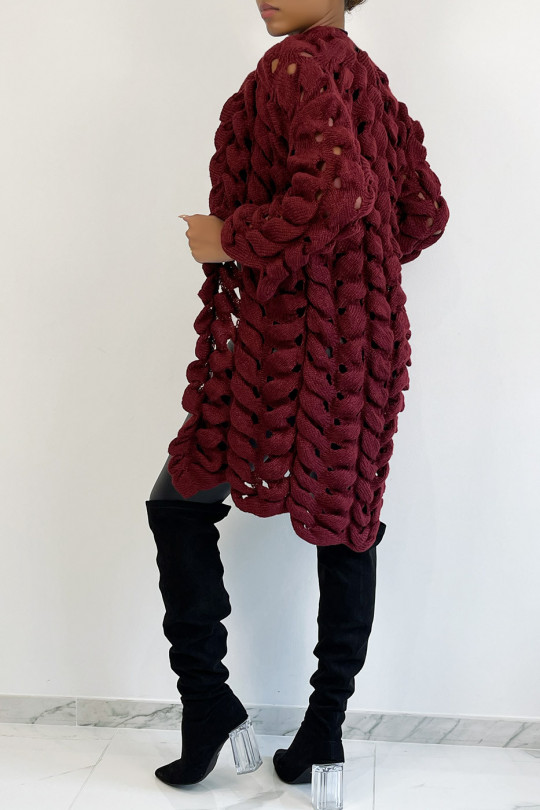 Very original burgundy red cardigan in large openwork knit - 3
