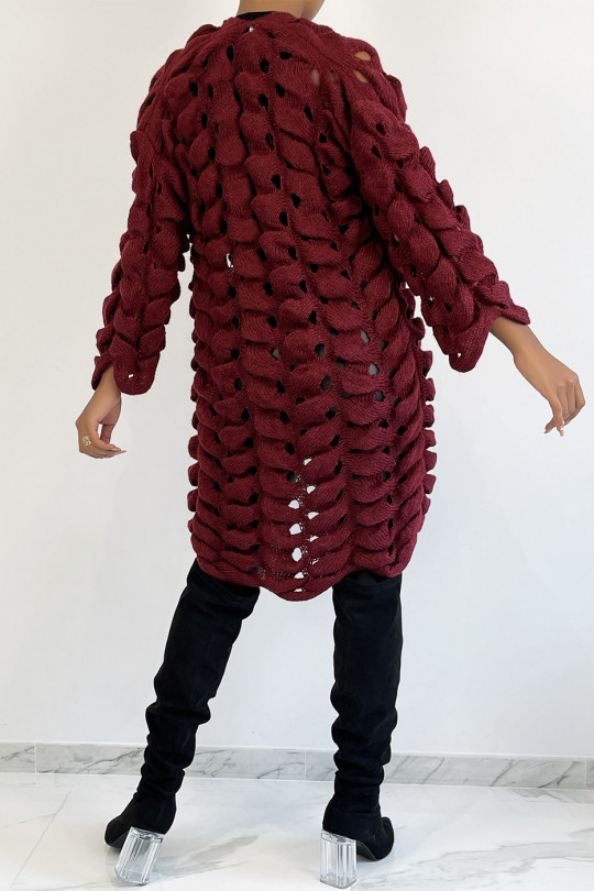 Very original burgundy red cardigan in large openwork knit - 4