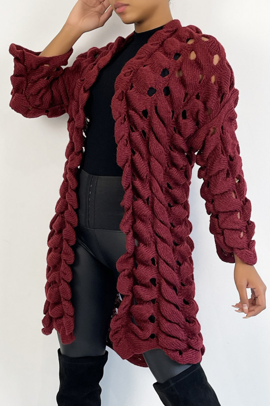 Very original burgundy red cardigan in large openwork knit - 5