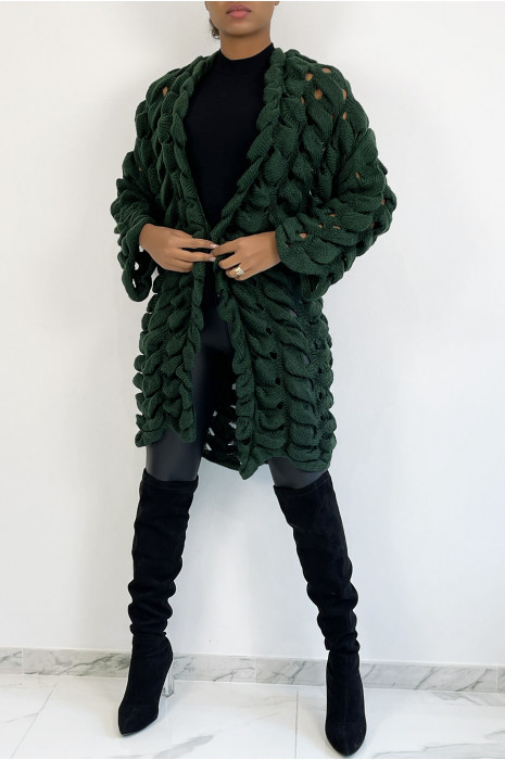 Green cardigan in very original openwork chunky knit - 1