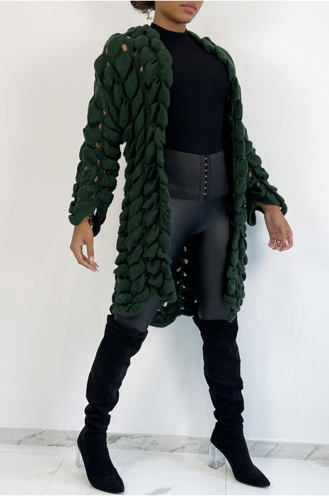 Green cardigan in very original openwork chunky knit - 2