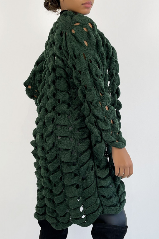 Green cardigan in very original openwork chunky knit - 3