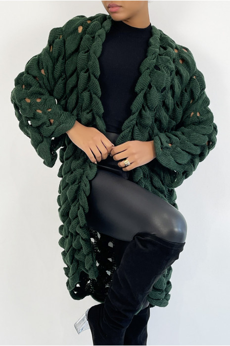 Green cardigan in very original openwork chunky knit - 4