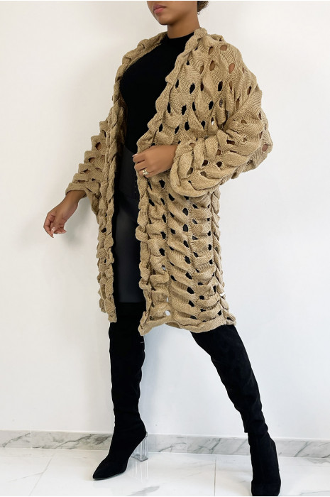 Zeer origineel beige opengewerkt grof gebreid vest - 1