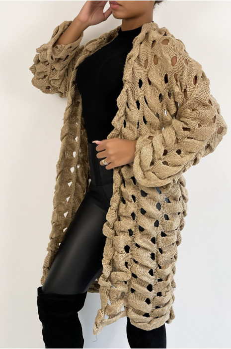 Zeer origineel beige opengewerkt grof gebreid vest - 2