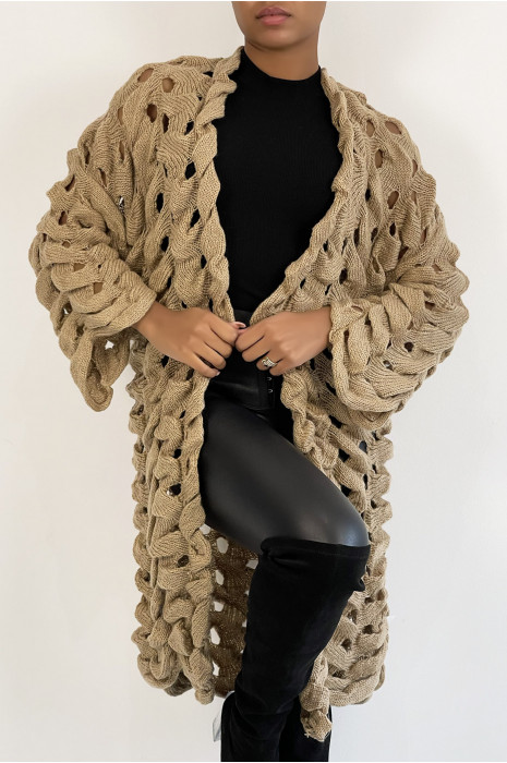 Cardigan beige en grosse maille ajouré très original - 3
