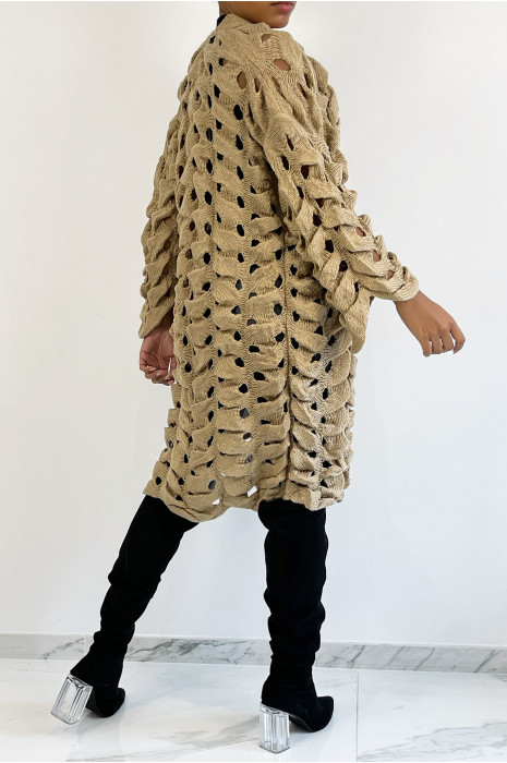 Zeer origineel beige opengewerkt grof gebreid vest - 4