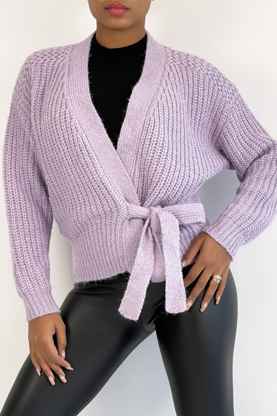 Warm lila wrap in chunky knit with puffed sleeves - 1