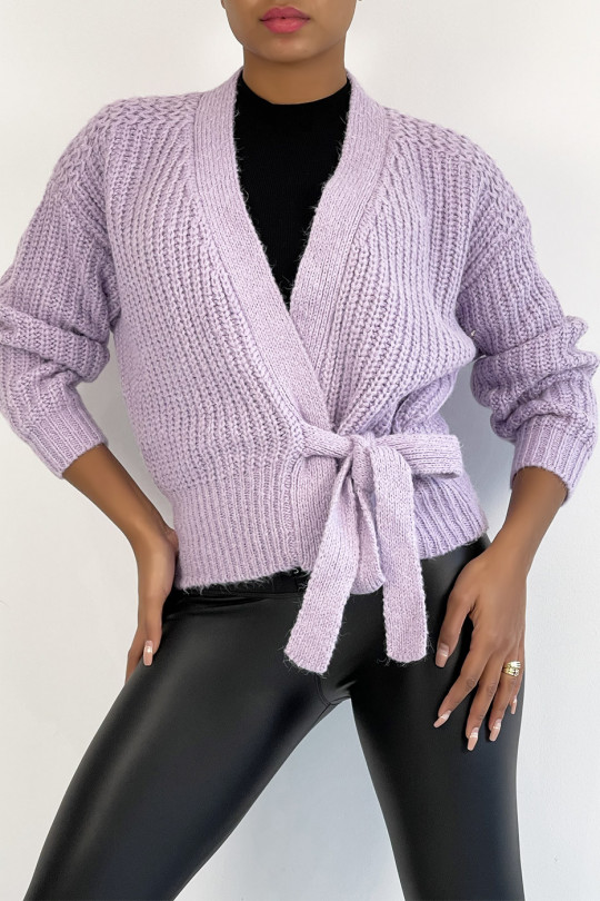Warm lila wrap in chunky knit with puffed sleeves - 3