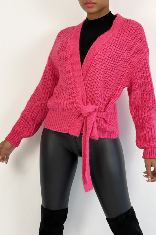 Warm fuchsia pink wrap in chunky knit with puffed sleeves - 5