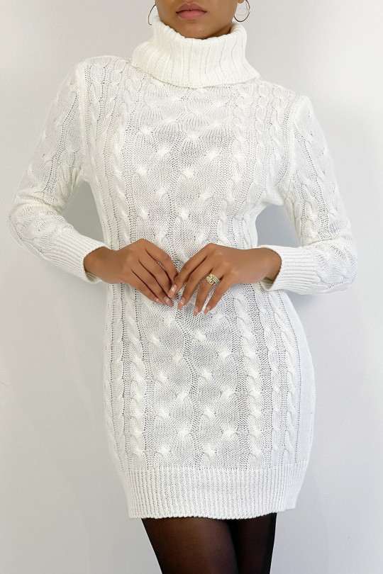 Robe pull moulante en blanche avec col roulé et joli motif tressé - 4