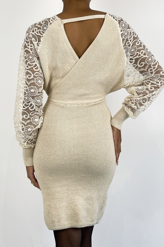 Iridescent beige wrap dress with openwork sleeves. - 3