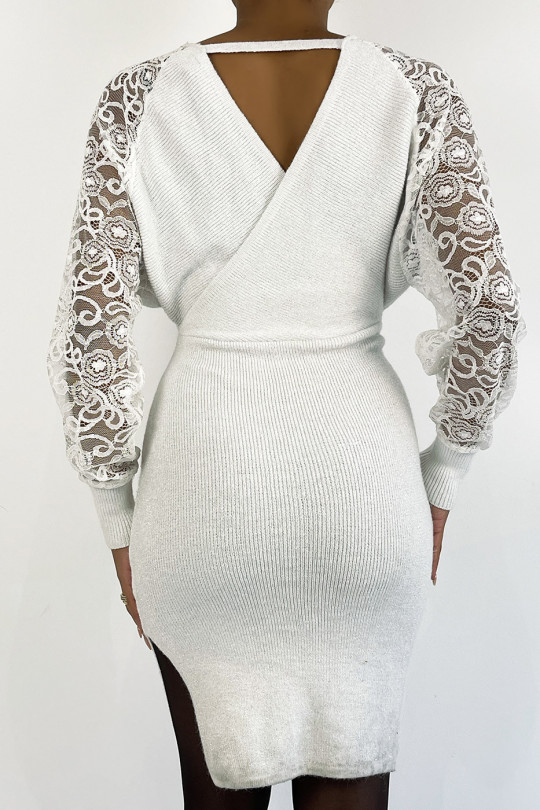 Iridescent white wrap dress with openwork sleeves. - 3