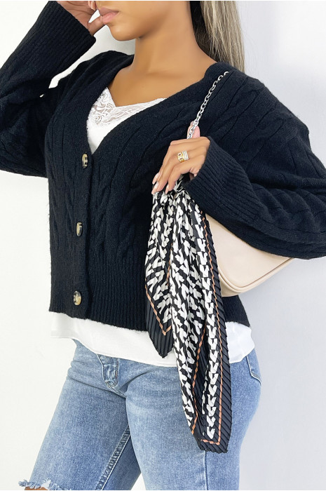 Classic black cable knit cropped cardigan - 1