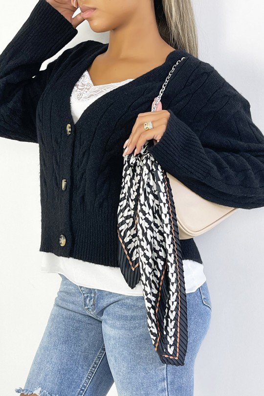 Classic black cable knit cropped cardigan - 1