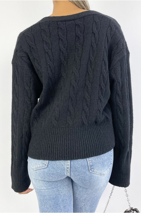 Classic black cable knit cropped cardigan - 3