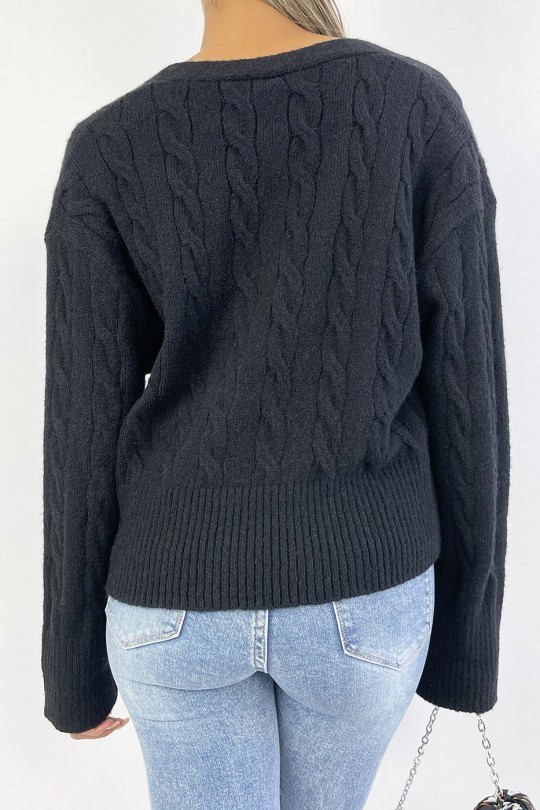 Classic black cable knit cropped cardigan - 3