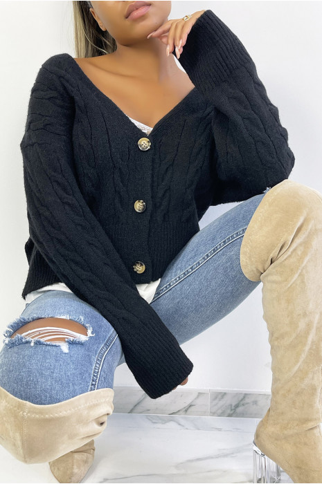 Classic black cable knit cropped cardigan - 4