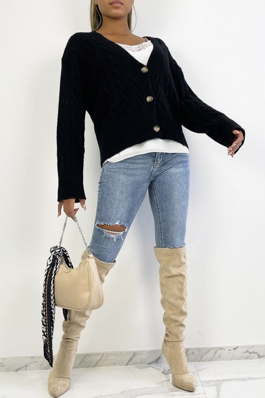 Classic black cable knit cropped cardigan - 5