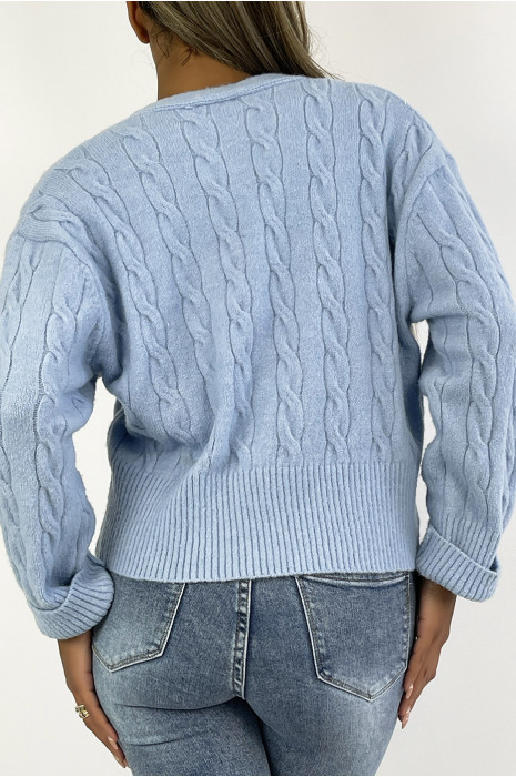 Gilet classique bleu court en maille torsadée - 1