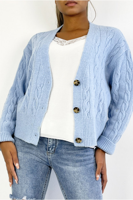 Gilet classique bleu court en maille torsadée - 3