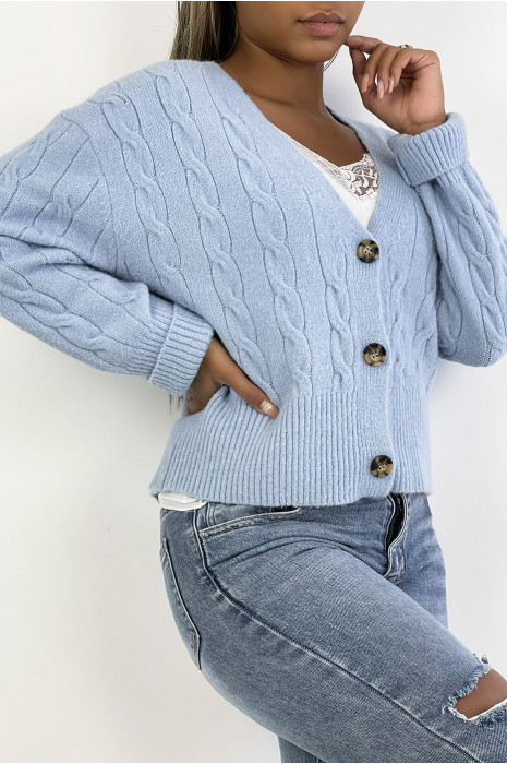 Gilet classique bleu court en maille torsadée - 4