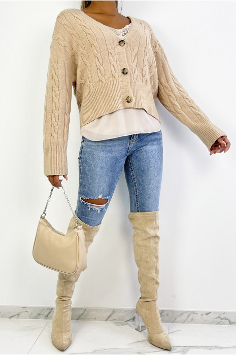 Klassiek beige cropped gebreid kabelvest - 1
