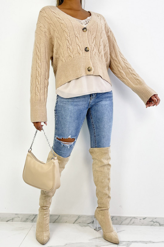 Classic beige cropped cable knit cardigan - 1