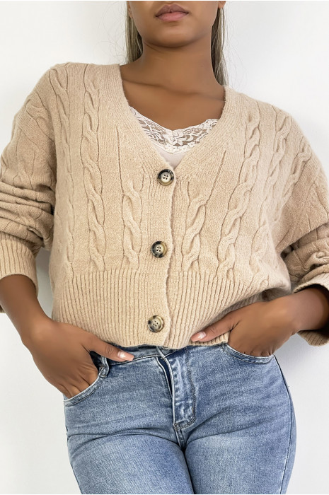 Classic beige cropped cable knit cardigan - 3